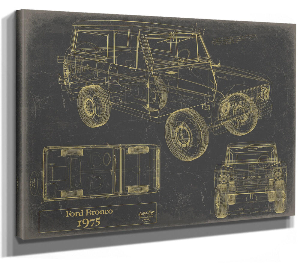 Cutler West 1975 Ford Bronco blueprint in gold lines on grey stretched canvas showing side, top, and front views