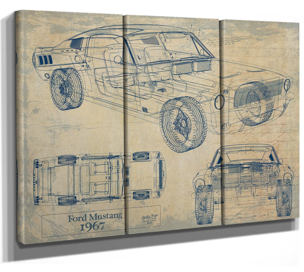 Cutler West Ford Mustang 1967 technical blueprint with side, top, and front views in gold on grey canvas