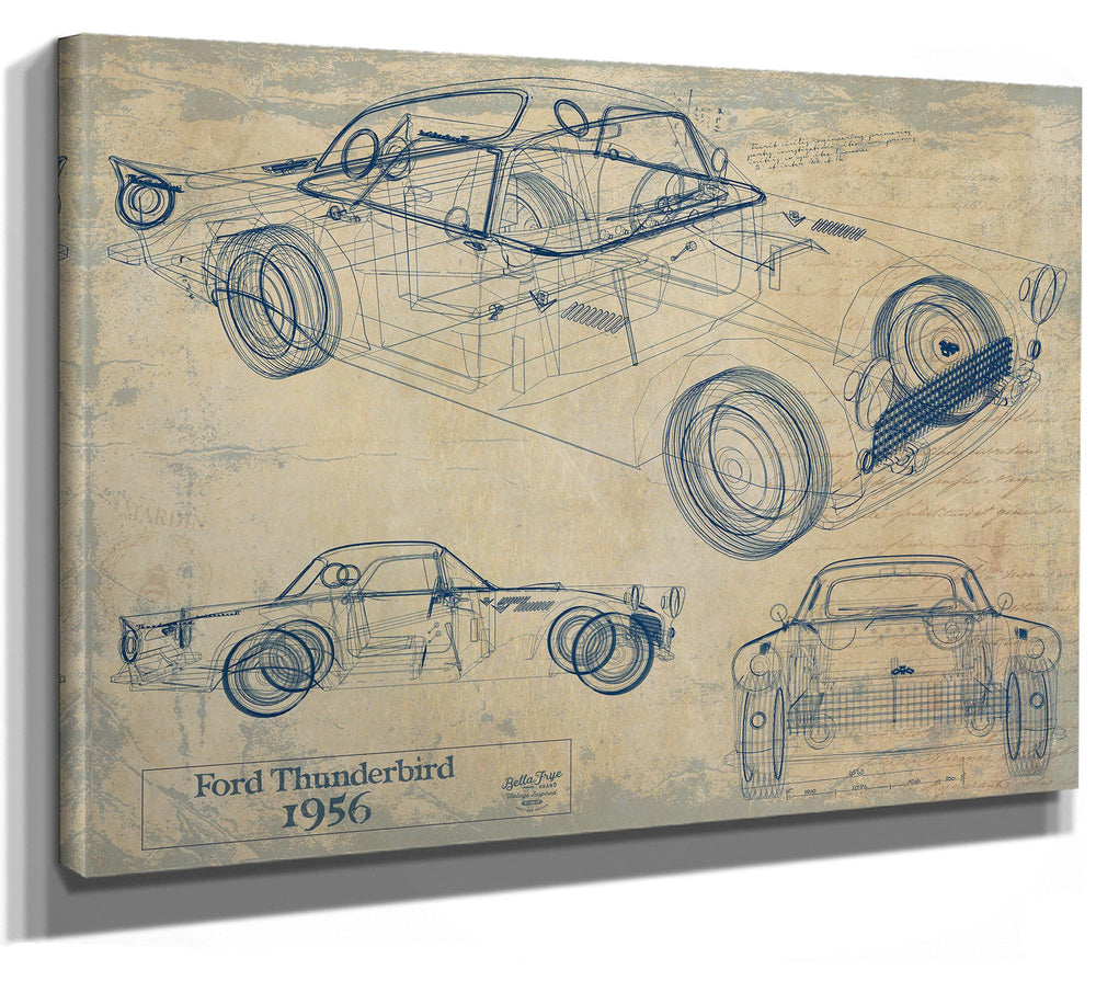 Cutler West Ford Thunderbird 1956 blueprint technical drawings on brown canvas wrap