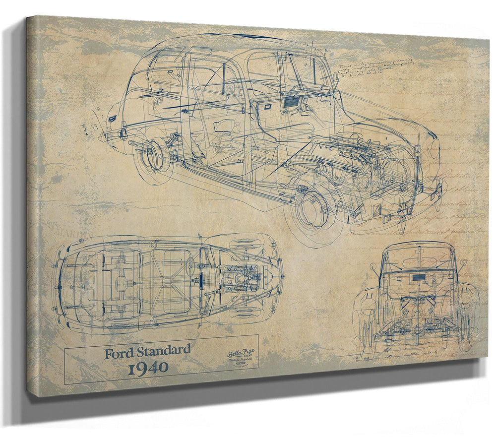 Cutler West Ford Standard 1940 blueprint print in black frame with vintage grey background showing side, top, and front views