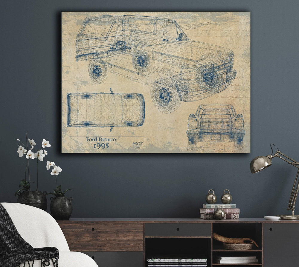 Cutler West 1995 Ford Bronco technical blueprint with multiple views on grey stretched canvas