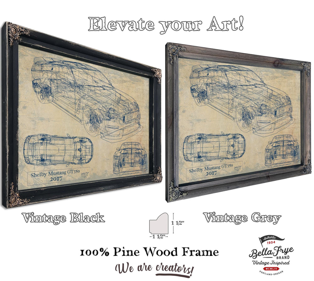 Cutler West Shelby Mustang GT350 2017 blueprint print in black frame on blue background