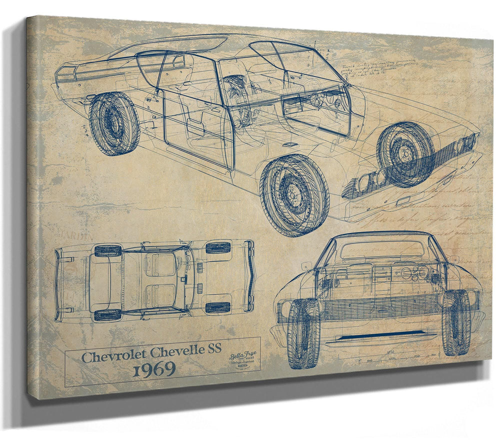 Cutler West 1969 Chevrolet Chevelle SS blueprint with three views on brown stretched canvas wrap