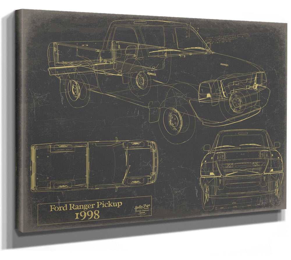 Cutler West 1998 Ford Ranger Pickup blueprint on grey stretched canvas wrap showing multiple vehicle views and schematics