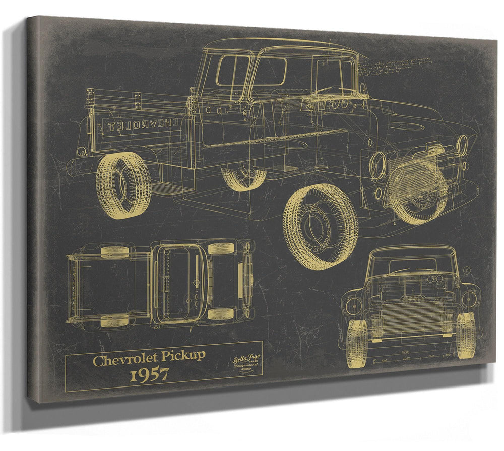 Cutler West 1957 Chevrolet Pickup blueprint print on grey stretched canvas, showing side, top, and front views in gold lines