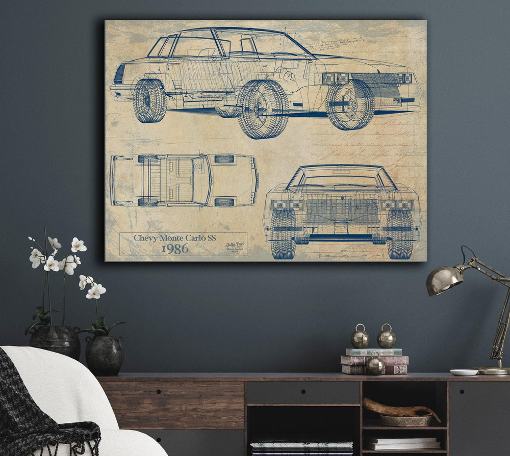 Cutler West 1986 Chevy Monte Carlo SS blueprint with side, top, and front views on blue background, stretched canvas