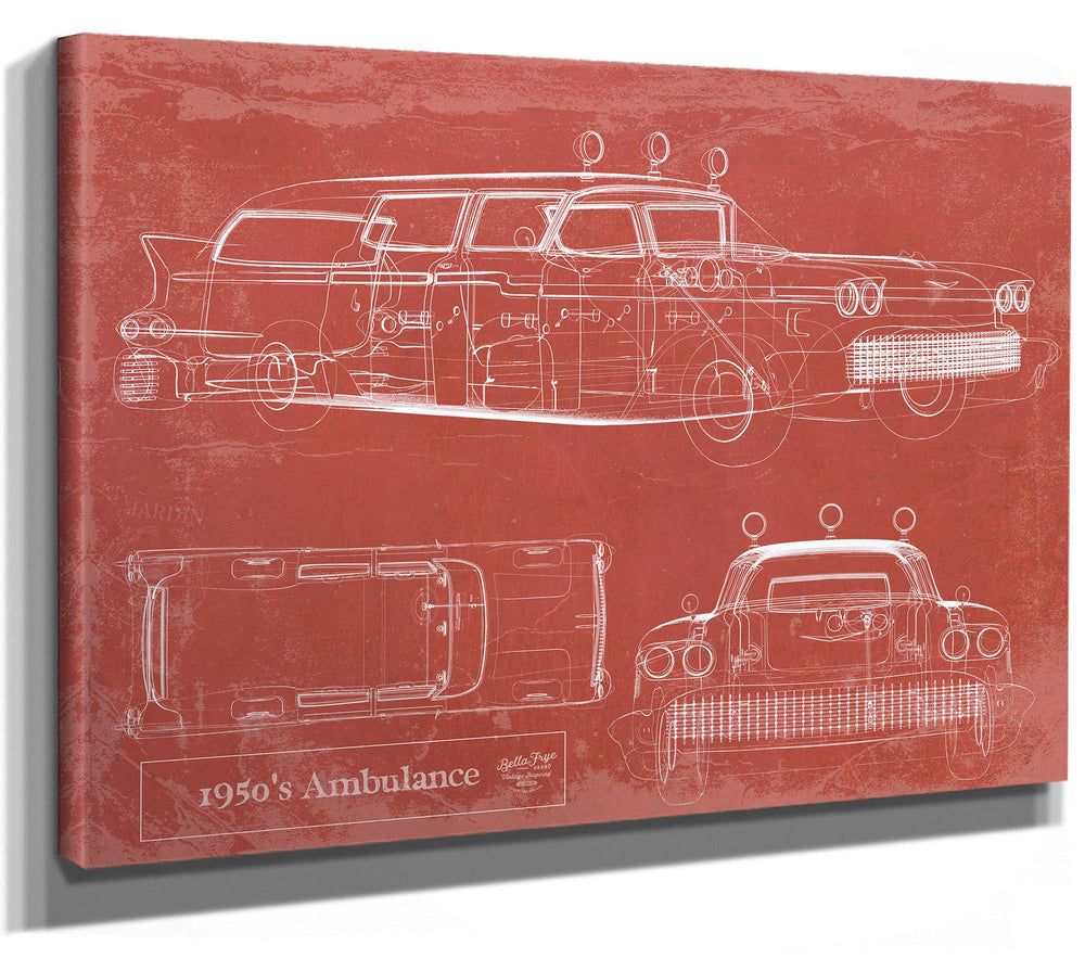 Cutler West 1950s Ambulance blueprint print on brown stretched canvas wrap showing side, top, and front elevation views