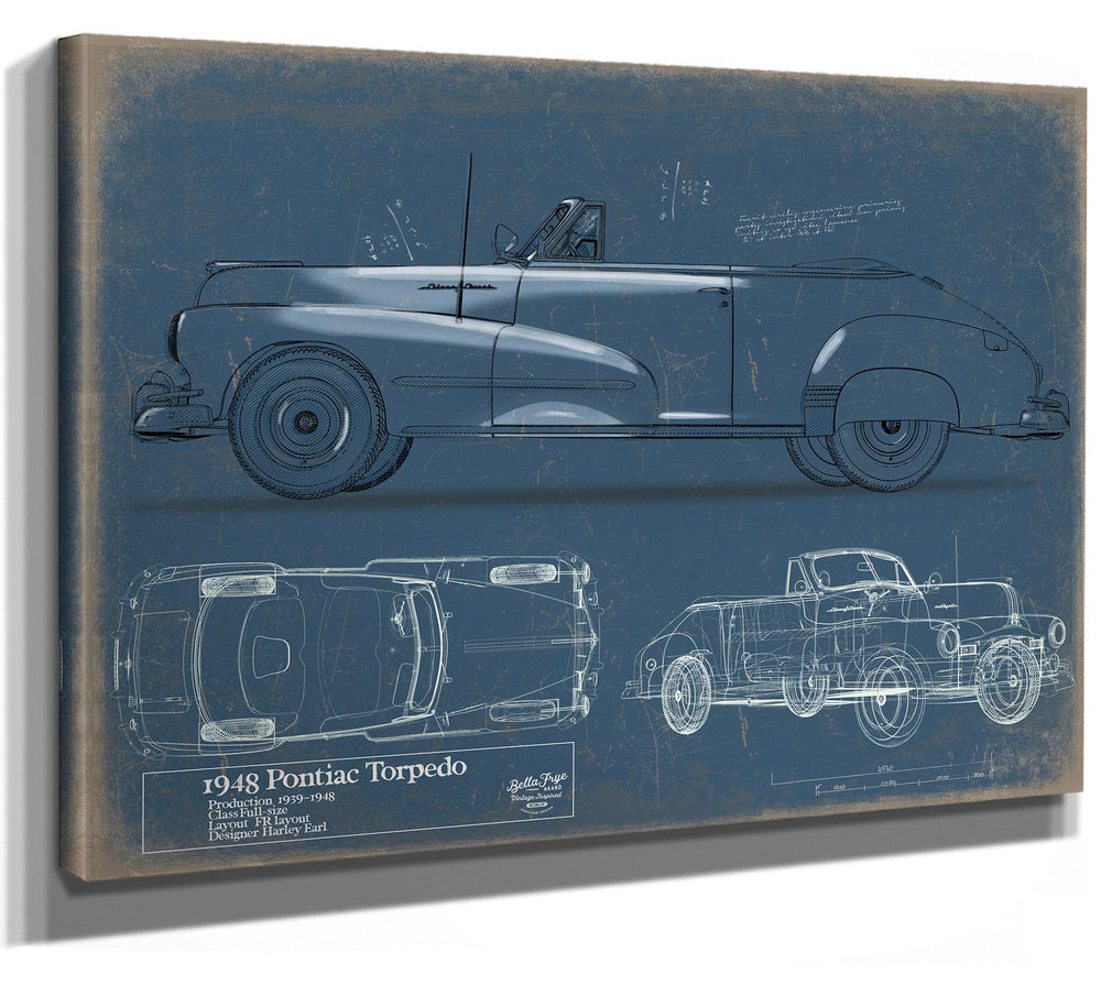 Cutler West 1948 Pontiac Torpedo blueprint with side elevation, top view, and perspective drawings on blue background canvas wrap