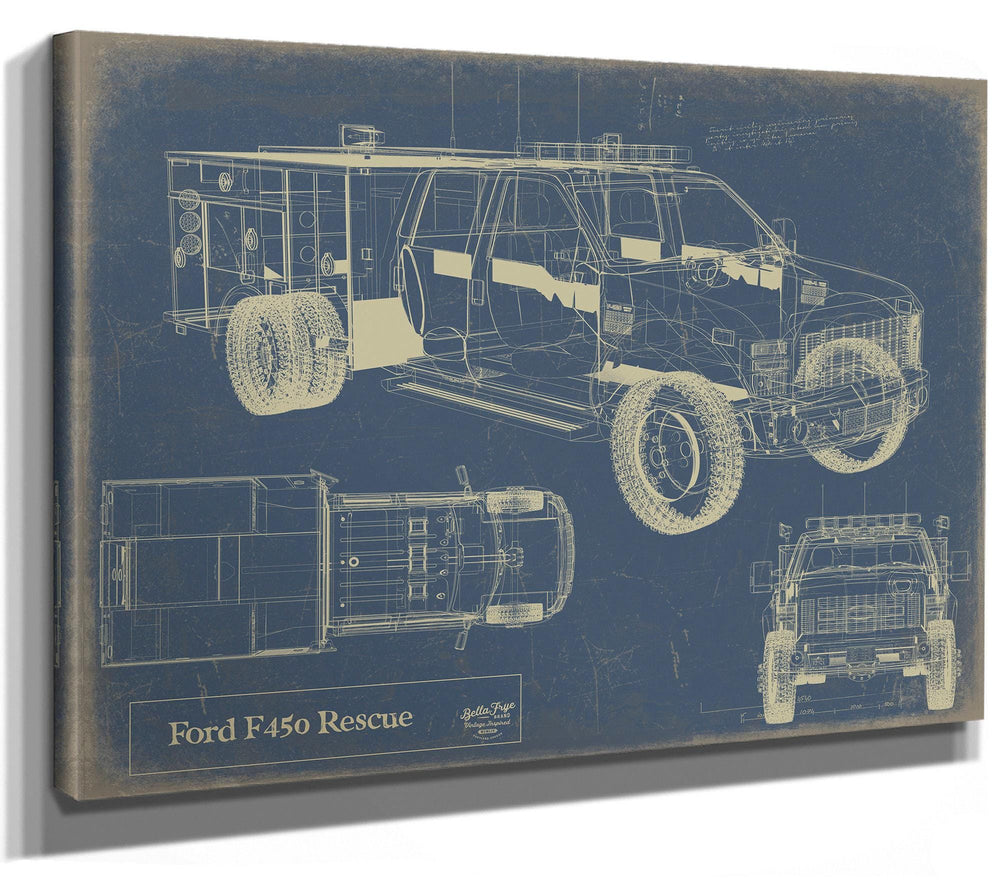 Cutler West Ford F450 Rescue blueprint with side, top, and front views on blue background canvas wrap