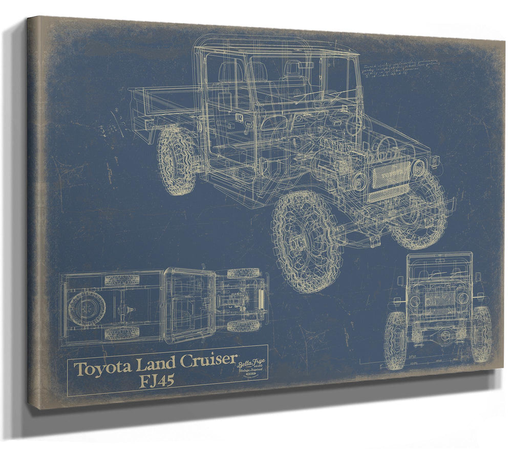 Cutler West Toyota Land Cruiser FJ45 technical blueprint on blue background, stretched canvas wrap with top and side elevation views