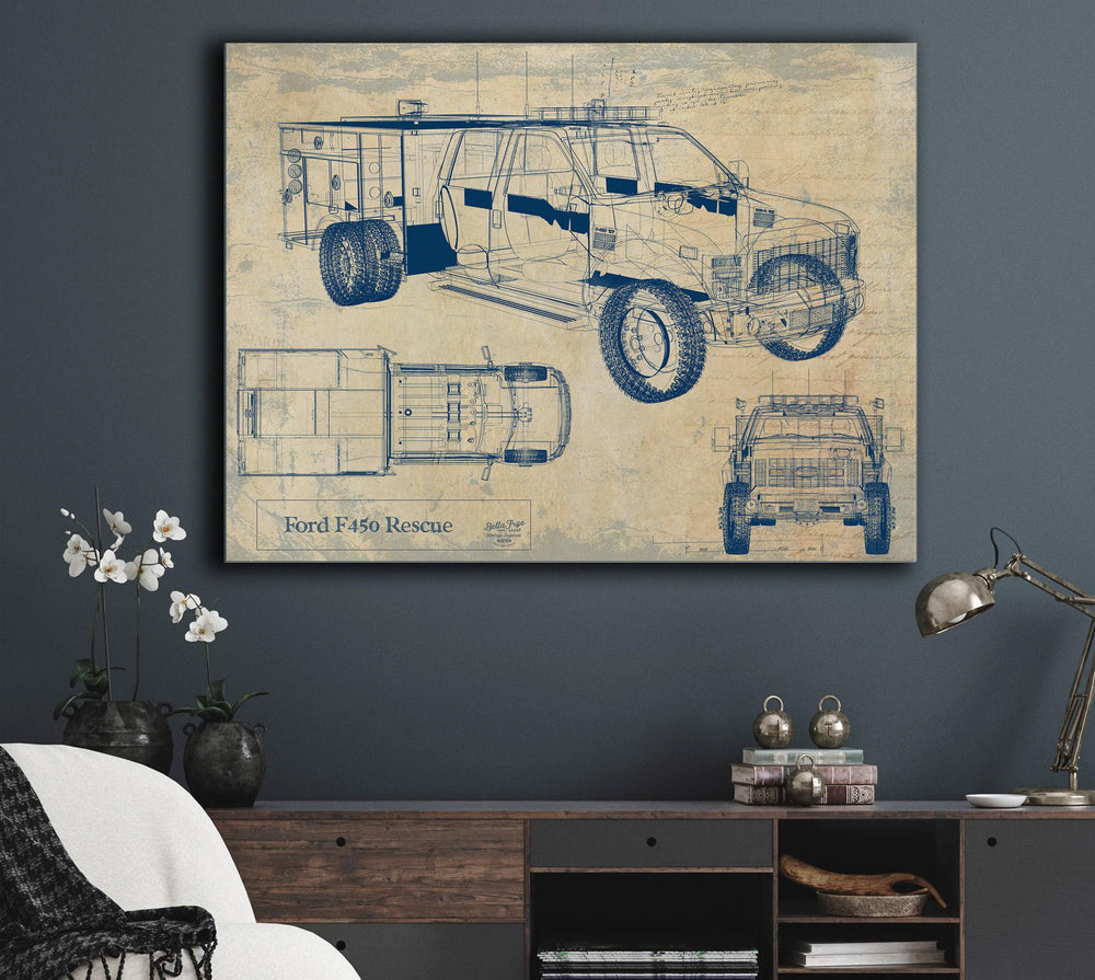 Cutler West Ford F450 Rescue blueprint with side, top, and front views on blue background canvas wrap