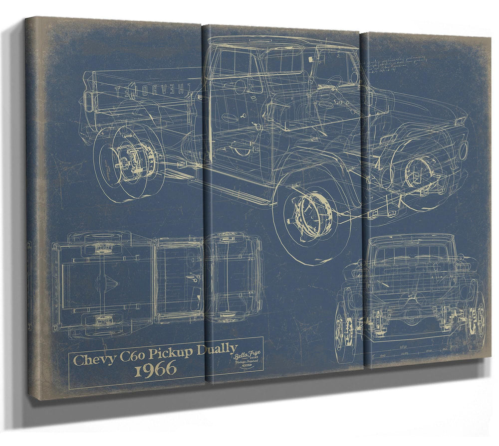 Cutler West 1966 Chevy C60 Pickup Dually blueprint on grey stretched canvas wrap showing multiple vehicle views