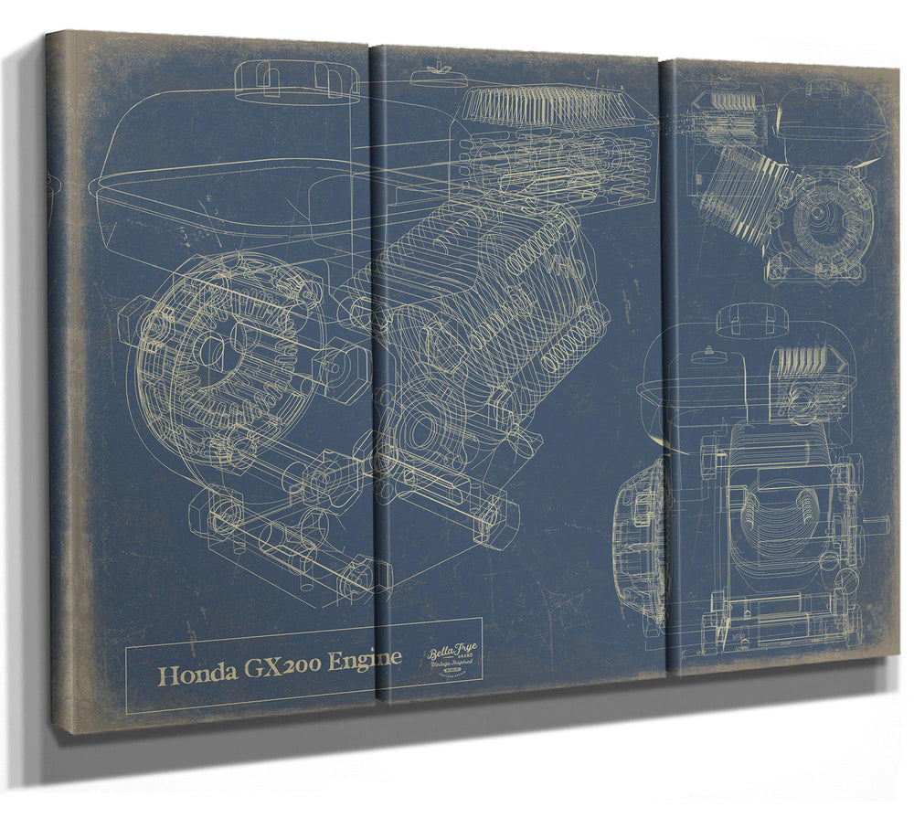 Cutler West Honda GX200 Engine technical blueprint on brown canvas wrap showing detailed cross-section and multiple views