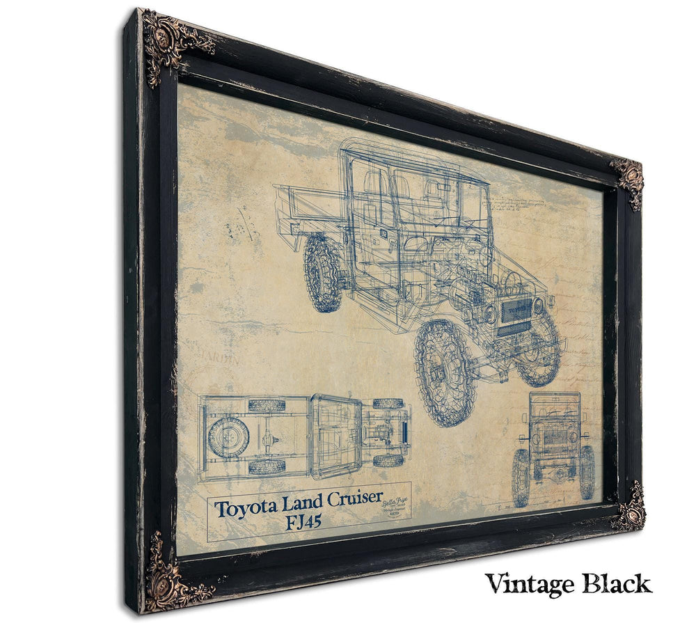 Cutler West Toyota Land Cruiser FJ45 technical blueprint on blue background, stretched canvas wrap with top and side elevation views