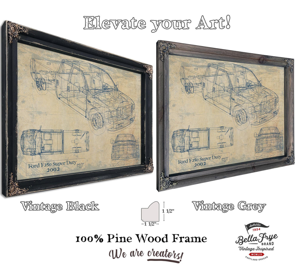 Cutler West Ford F250 Super Duty 2002 blueprint print in black frame with blue background showing vehicle elevation and floor plan views