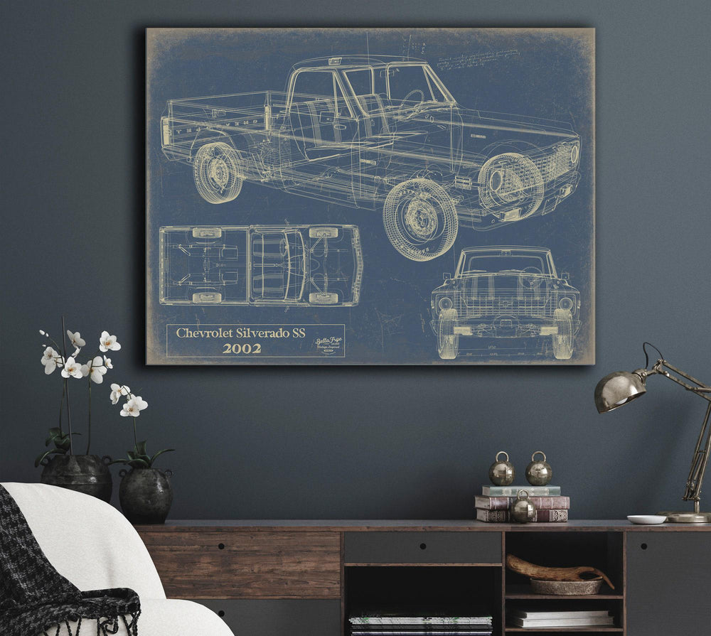 Cutler West Chevrolet Silverado SS 2002 blueprint with side, top, and front views on brown canvas wrap