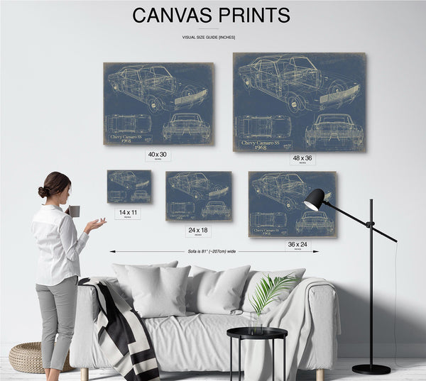 Cutler West Vintage 1968 Chevrolet Camaro SS Car Model Print, Original Blueprint Canvas