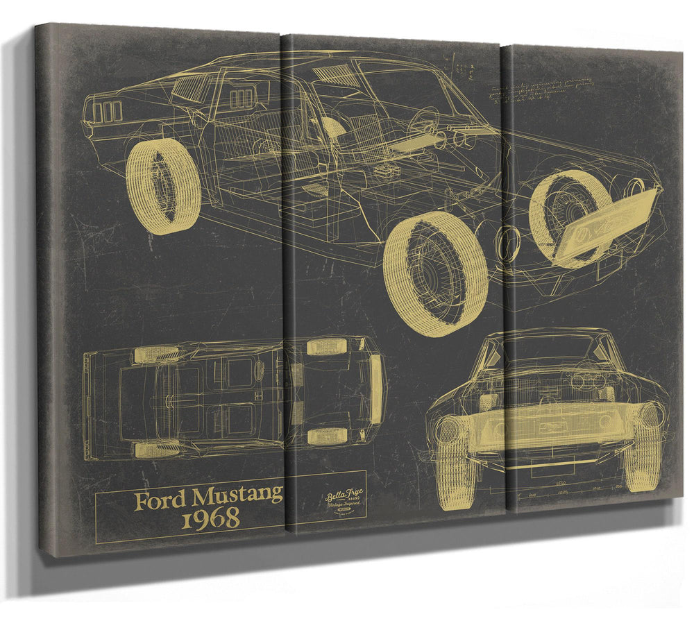 Cutler West 1968 Ford Mustang blueprint print on blue background showing side, top, and front views with technical line drawings