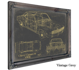 Cutler West Vintage 1968 Chevrolet Camaro SS Car Model Print, Original Blueprint Canvas