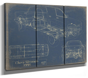 Cutler West Vintage 1997 Chevrolet Silverado Car Model Print, Original Blueprint Canvas, Framed, or Unframed Art