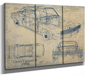 Cutler West Vintage 1968 Chevrolet Camaro SS Car Model Print, Original Blueprint Canvas