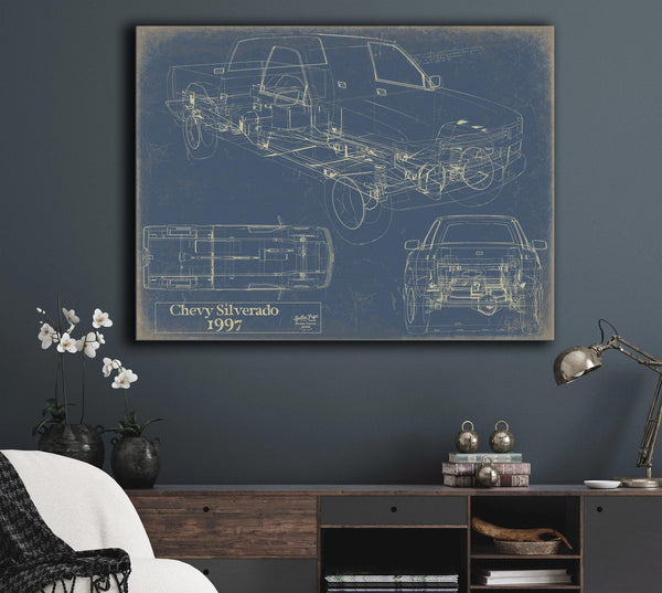 Cutler West Vintage 1997 Chevrolet Silverado Car Model Print, Original Blueprint Canvas, Framed, or Unframed Art