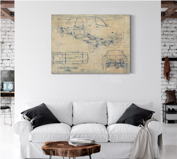 Cutler West Vintage 1997 Chevrolet Silverado Car Model Print, Original Blueprint Canvas, Framed, or Unframed Art