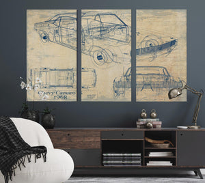 Cutler West Vintage 1968 Chevrolet Camaro SS Car Model Print, Original Blueprint Canvas