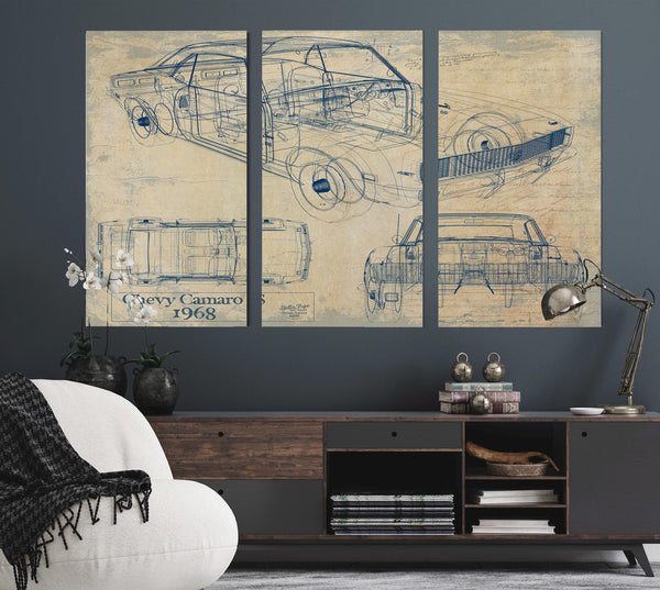 Cutler West Vintage 1968 Chevrolet Camaro SS Car Model Print, Original Blueprint Canvas