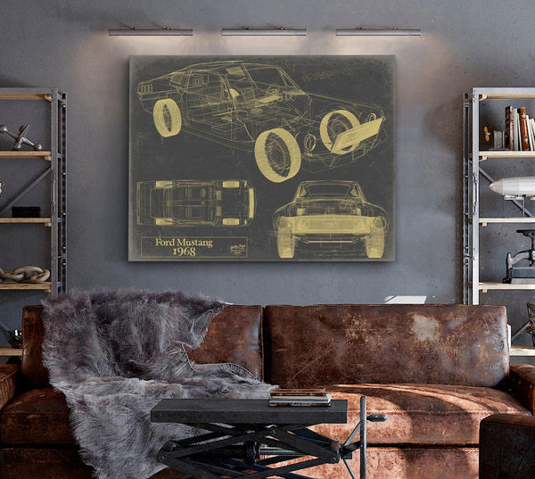 Cutler West 1968 Mustang Car Model Print, Original Blueprint Canvas