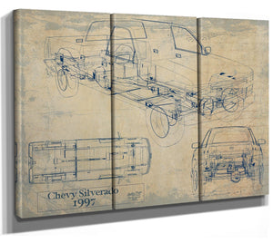 Cutler West Vintage 1997 Chevrolet Silverado Car Model Print, Original Blueprint Canvas, Framed, or Unframed Art