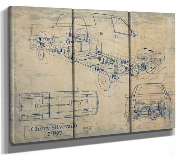 Cutler West Vintage 1997 Chevrolet Silverado Car Model Print, Original Blueprint Canvas, Framed, or Unframed Art