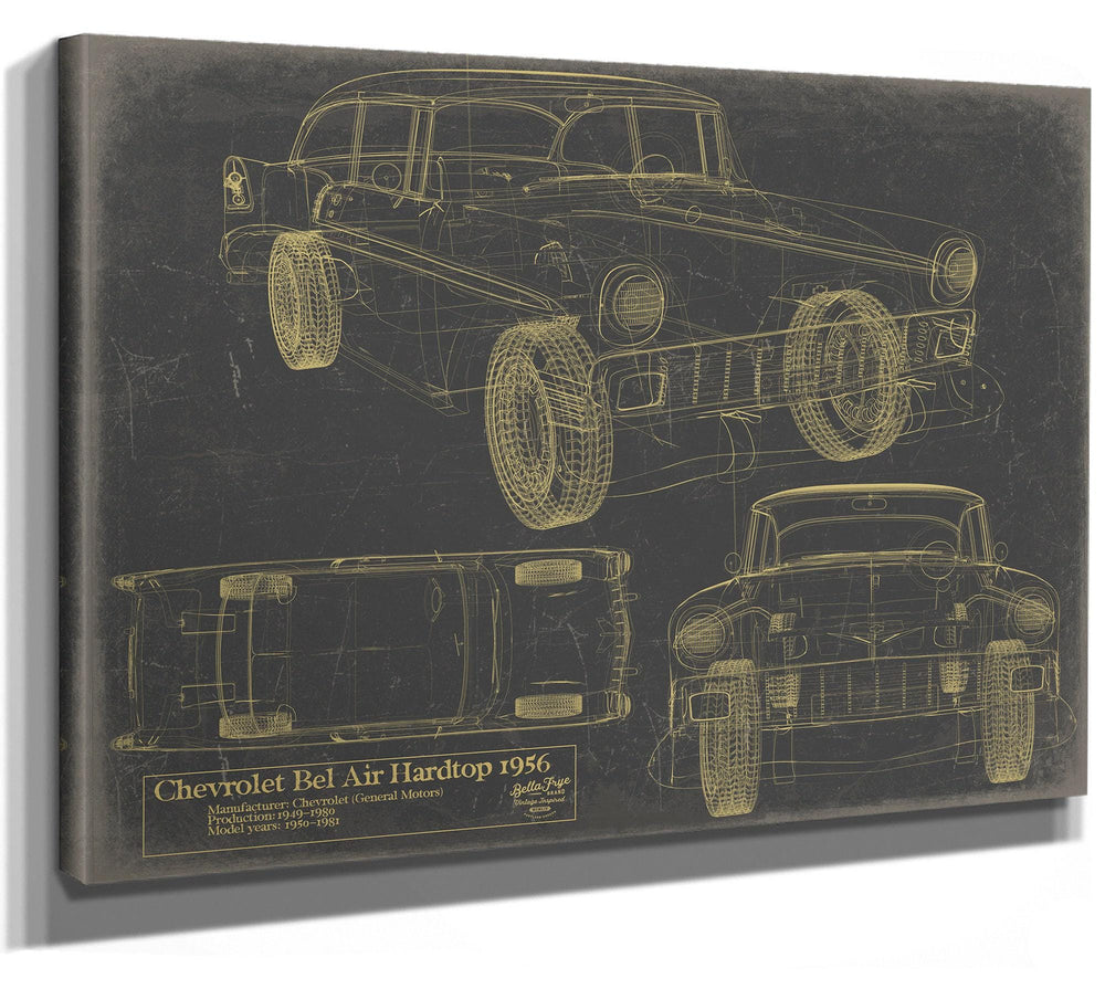 Cutler West 1956 Chevrolet Bel Air Hardtop blueprint on grey stretched canvas wrap showing multiple vehicle angles