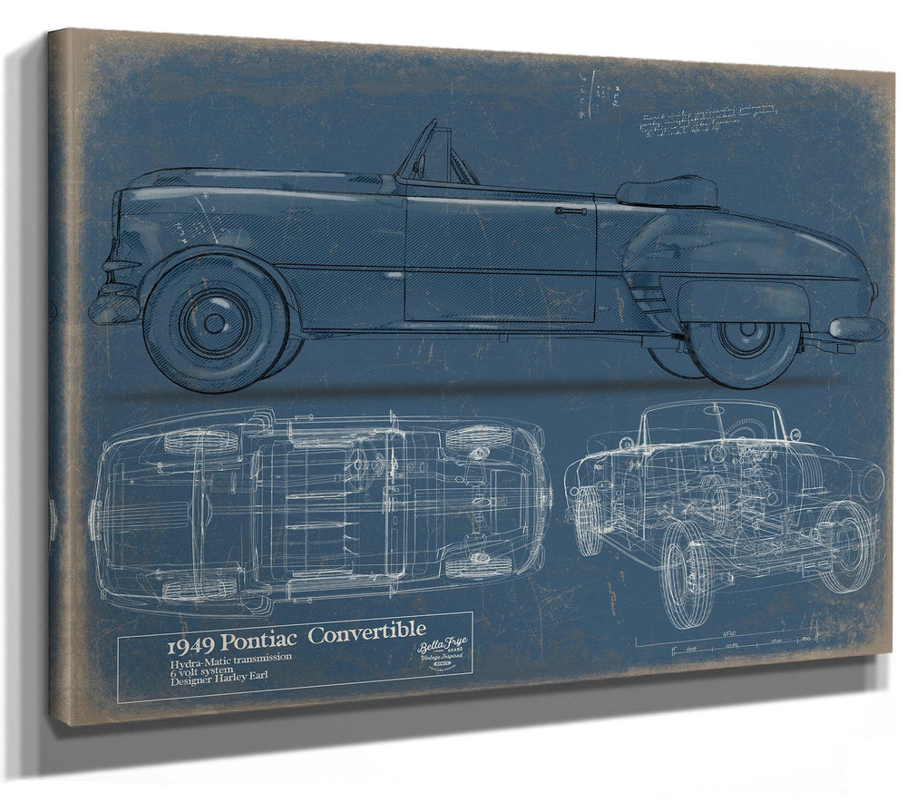 Cutler West 1949 Pontiac Convertible technical blueprint on blue background, stretched canvas