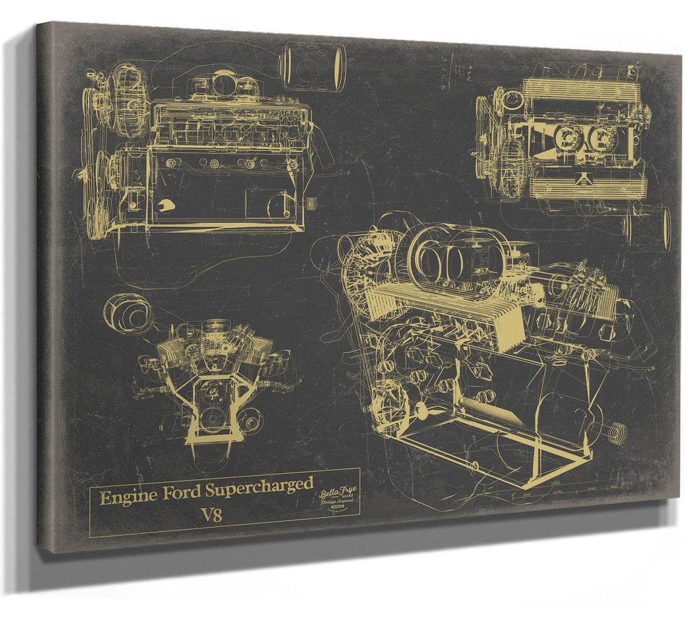 Cutler West Ford Supercharged V8 engine blueprint in gold on grey stretched canvas wrap