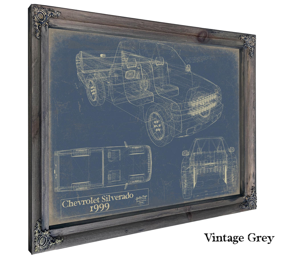 Cutler West 1999 Chevrolet Silverado blueprint print in black wood frame with grey background