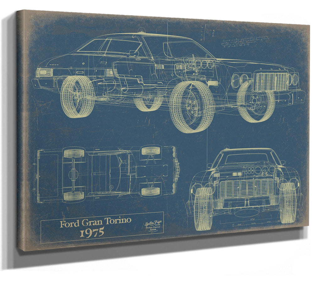 Cutler West 1975 Ford Gran Torino blueprint showing side, top, and front views on blue background stretched canvas