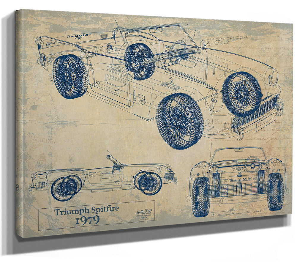 Cutler West Triumph Spitfire 1979 blueprint technical drawings on brown canvas wrap showing multiple vehicle angles