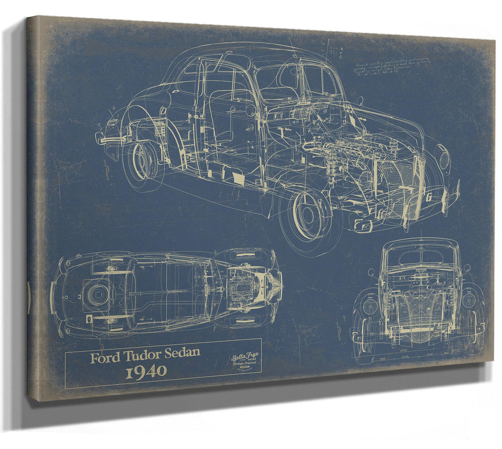 Cutler West 1940 Ford Tudor Sedan blueprint with three technical views on blue background, stretched canvas
