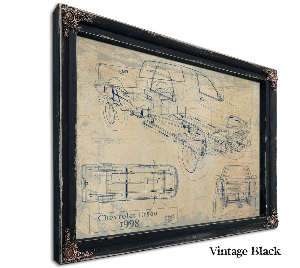 Cutler West Chevrolet C1500 1998 blueprint print in vintage black frame on tan background