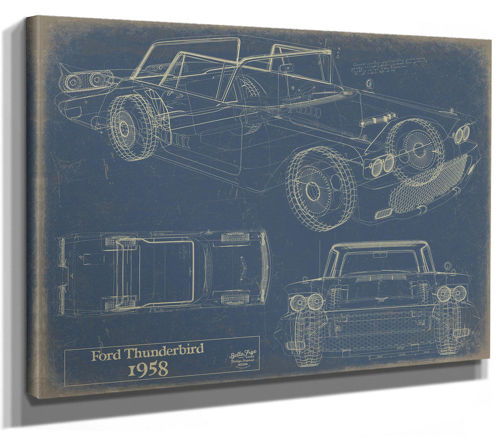 Cutler West 1958 Ford Thunderbird blueprint with multiple view angles on blue background canvas wrap