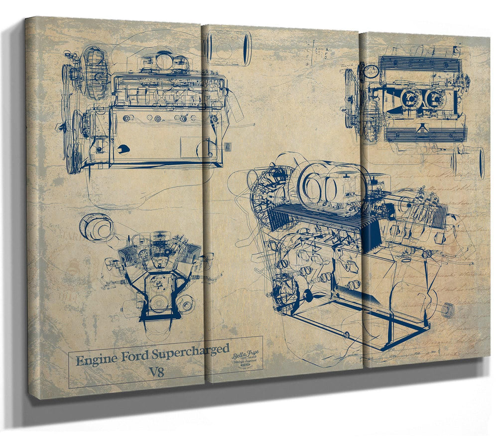 Cutler West Ford Supercharged V8 engine blueprint in gold on grey stretched canvas wrap