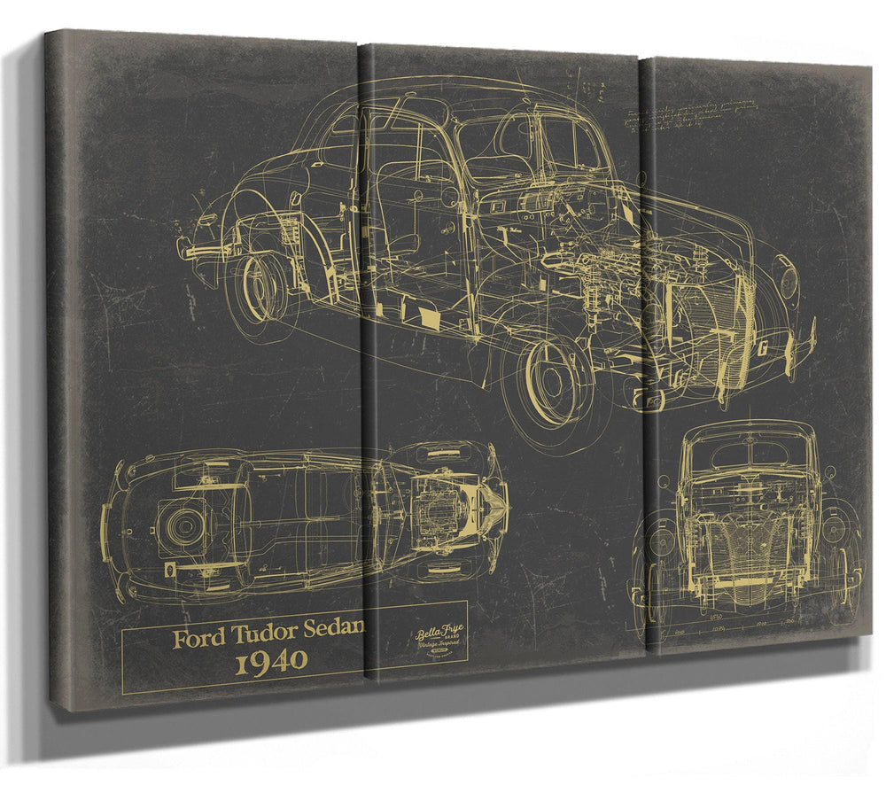 Cutler West 1940 Ford Tudor Sedan blueprint with three technical views on blue background, stretched canvas