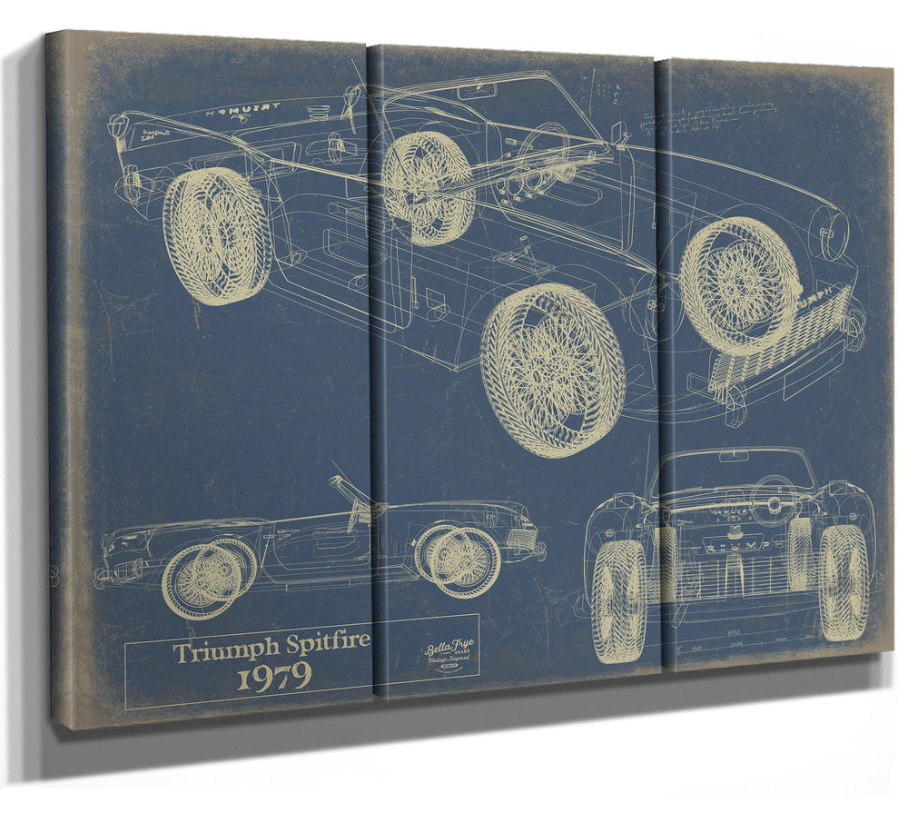 Cutler West Triumph Spitfire 1979 blueprint technical drawings on brown canvas wrap showing multiple vehicle angles