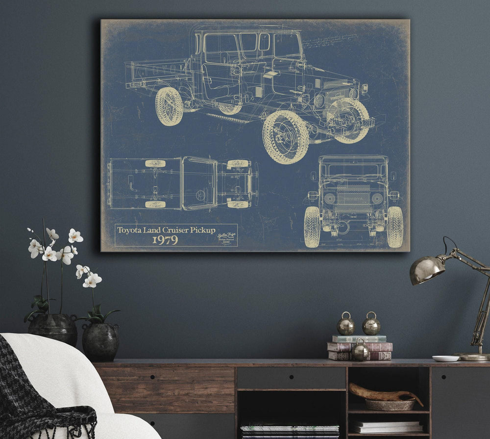 Cutler West 1979 Toyota Land Cruiser Pickup blueprint in gold on grey stretched canvas