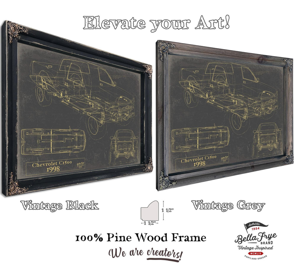Cutler West Chevrolet C1500 1998 blueprint print in vintage black frame on tan background