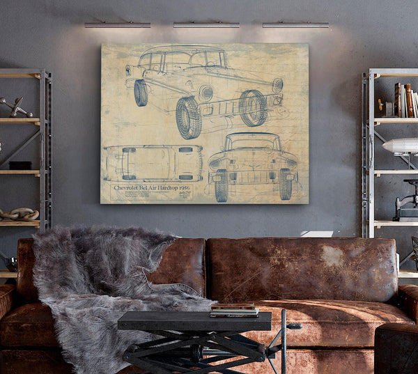 Cutler West Original 1956 Chevrolet Bel Air Hardtop Car Blueprint - Gifts for Dad - Mancave Decor