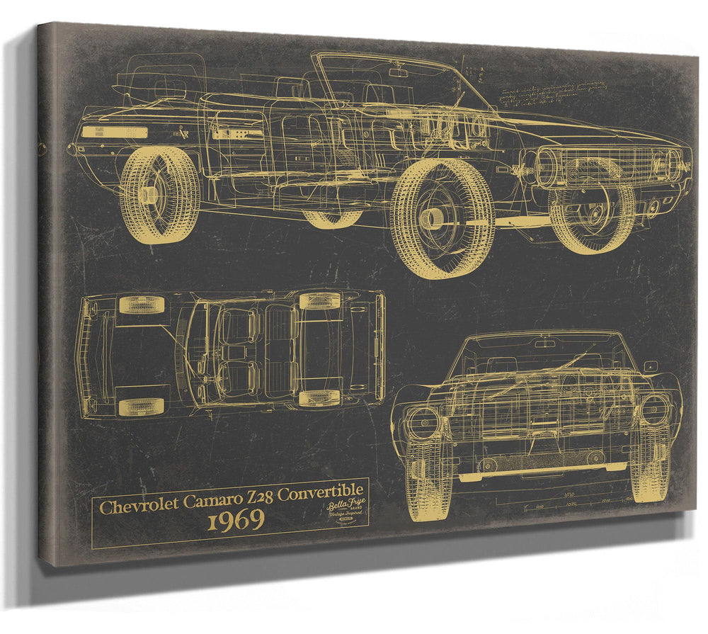 Cutler West 1969 Chevrolet Camaro Z28 Convertible blueprint on grey stretched canvas showing side, top, and front views