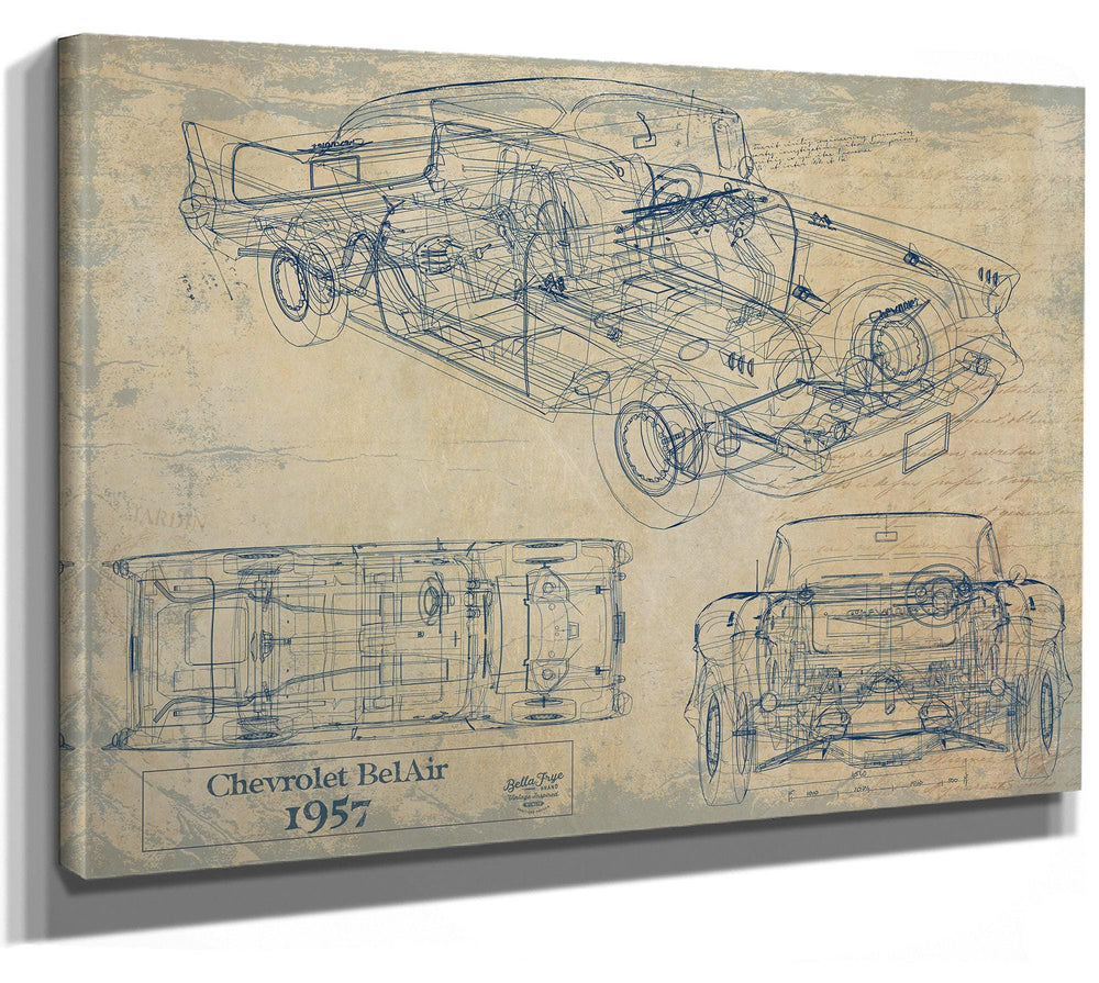 Cutler West 1957 Chevrolet BelAir technical blueprint drawing on brown canvas wrap showing side, top, and front views