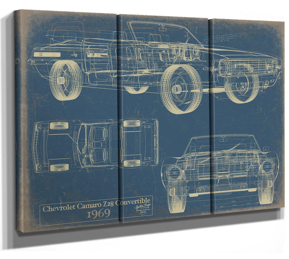 Cutler West 1969 Chevrolet Camaro Z28 Convertible blueprint on grey stretched canvas showing side, top, and front views